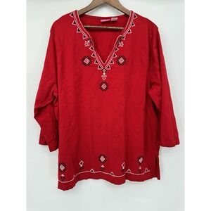 Cappagallo Women Top Blouse Cotton Red Embellished Long Sleeve Aztec Western 2X